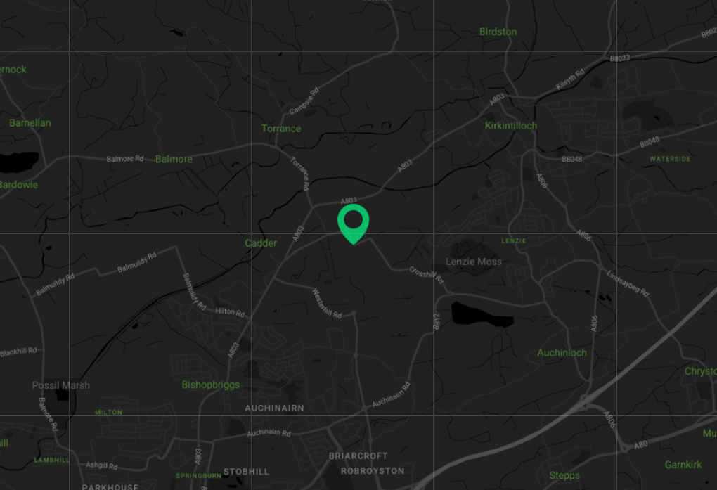 An image of a black map with a green location emoji on Bishopbriggs.