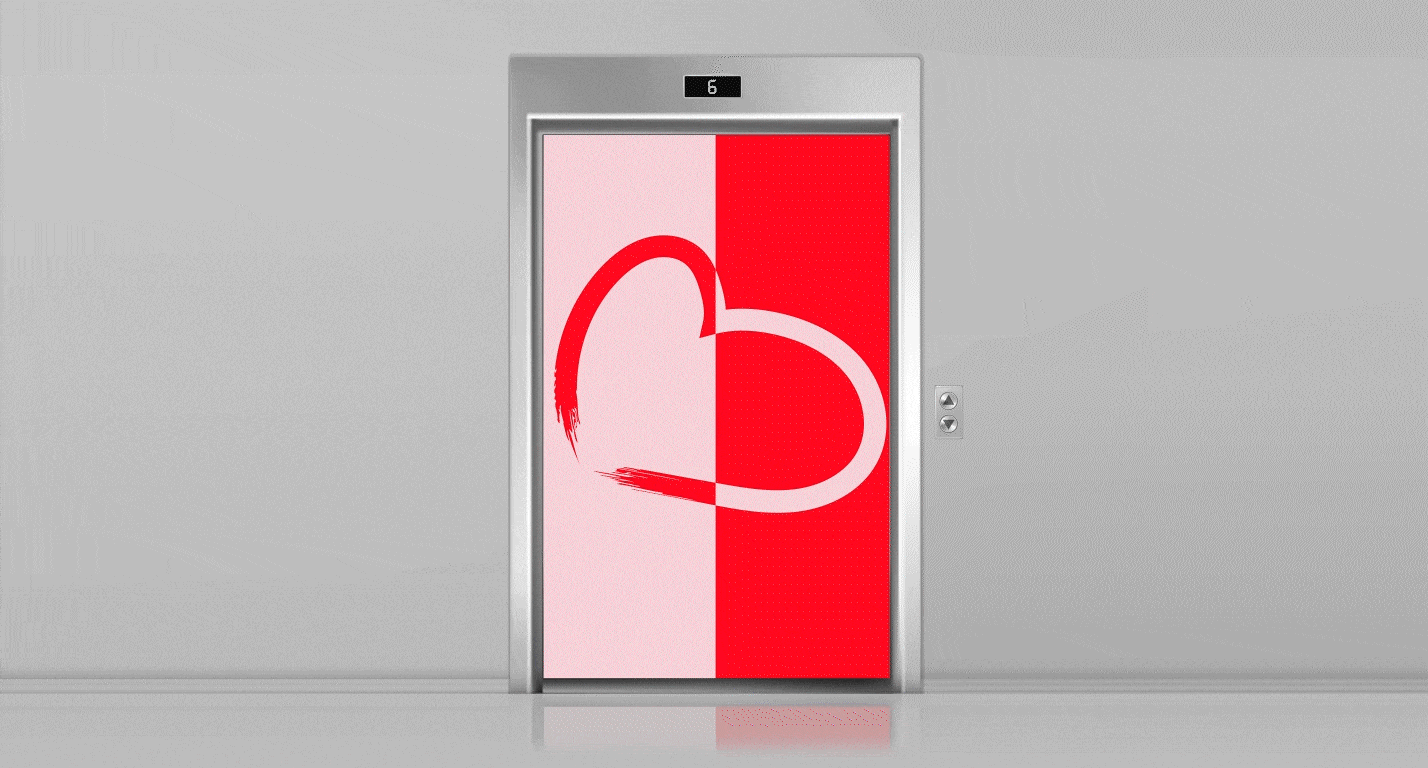 A GIF of a lift door which opens and inside is text which reads We all have it in our hearts to help someone. AABIE.